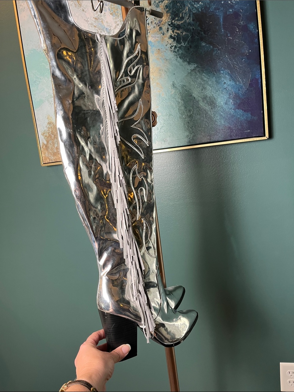 Silver Metallic Over-the-Knee Block Heel Cowgirl Boots - Picture 3 of 9